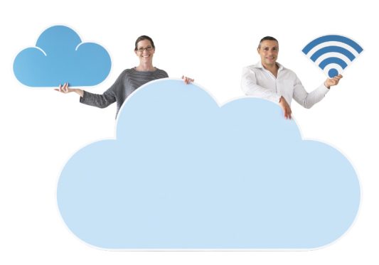 People holding cloud and technology icons